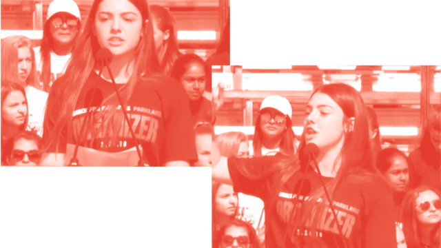 A screenshot of Sari, a student from Marjory Stoneman Douglas High School, in a video speaking at a March for Our Lives rally. Parkland, FL, March 24, 2018
