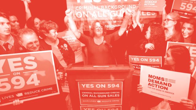 Cheryl speaking at an election night party for Initiative 594. November 4, 2014 Associated Press