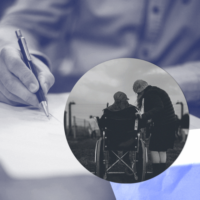 Collage of images: person filling form and another person in a wheelchair with someone talking to them