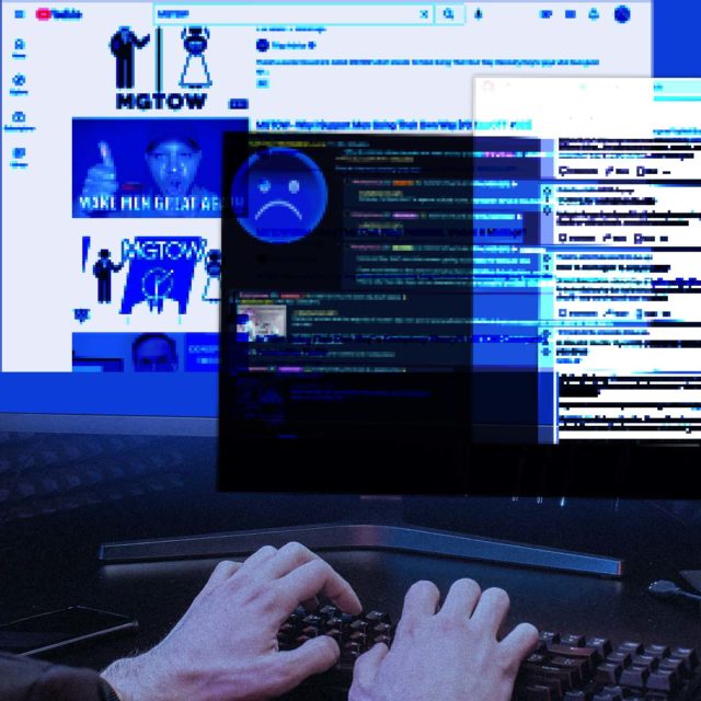 A person wearing a hoodie is typing at their computer. On the screen are blurred screenshots from 4chan