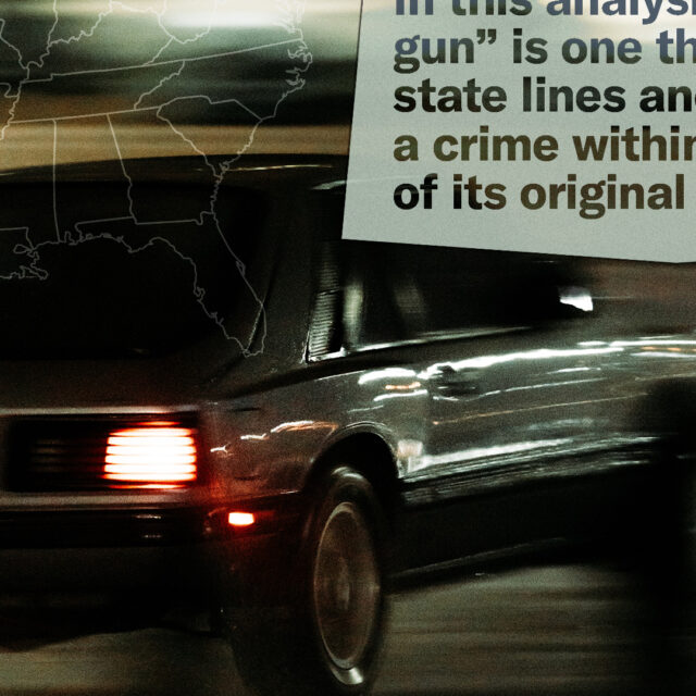 collage representing a car driving across state lines, overlayed with text about crime guns from the report