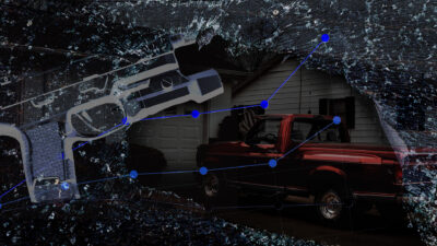 collage representing a gun next to a car, overlayed with a line graph from the report