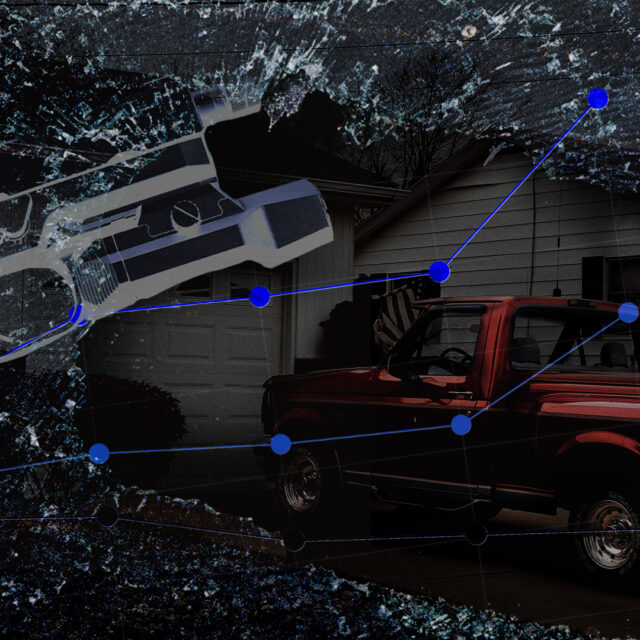 collage representing a gun next to a car, overlayed with a line graph from the report