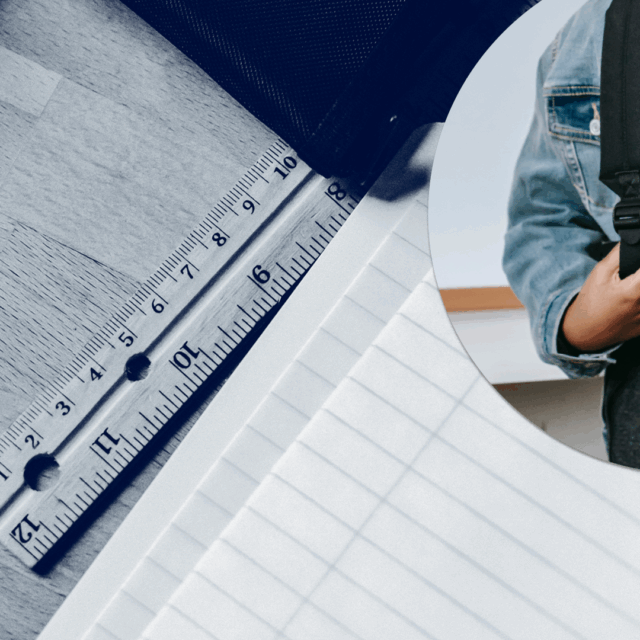 Collage depicting a ruler with lined notebook paper and a student wearing a backpack