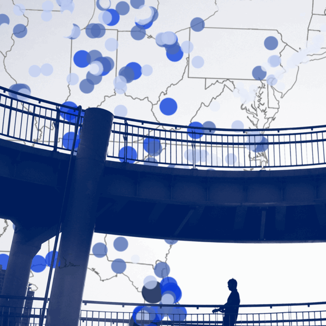 Visual of a bridge juxtaposed over a map with dots on it