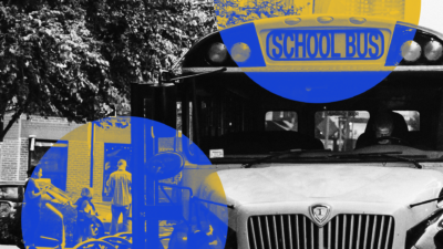 A black-and-white image of a school bus is in the foreground, with a father and daughter getting out of a car and walking into the school pictured in the bottom left of the image. Two yellow-and-blue circles are superimposed on the image; one is at the bottom left, highlighting the father/daughter, and one is on the top right, highlighting the sign on the bus that reads 