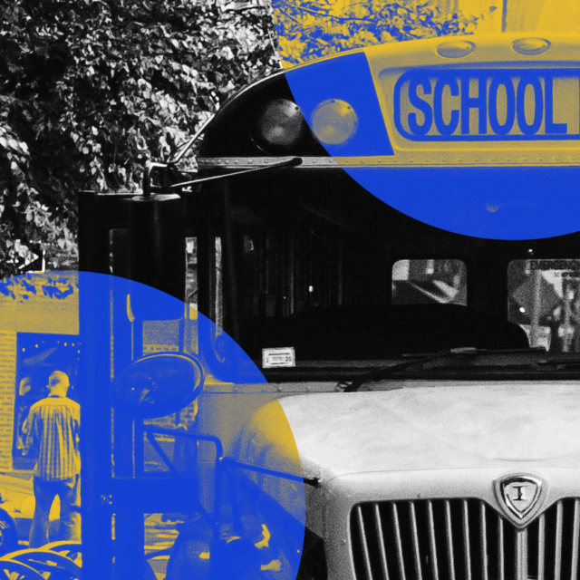 A black-and-white image of a school bus is in the foreground, with a father and daughter getting out of a car and walking into the school pictured in the bottom left of the image. Two yellow-and-blue circles are superimposed on the image; one is at the bottom left, highlighting the father/daughter, and one is on the top right, highlighting the sign on the bus that reads 