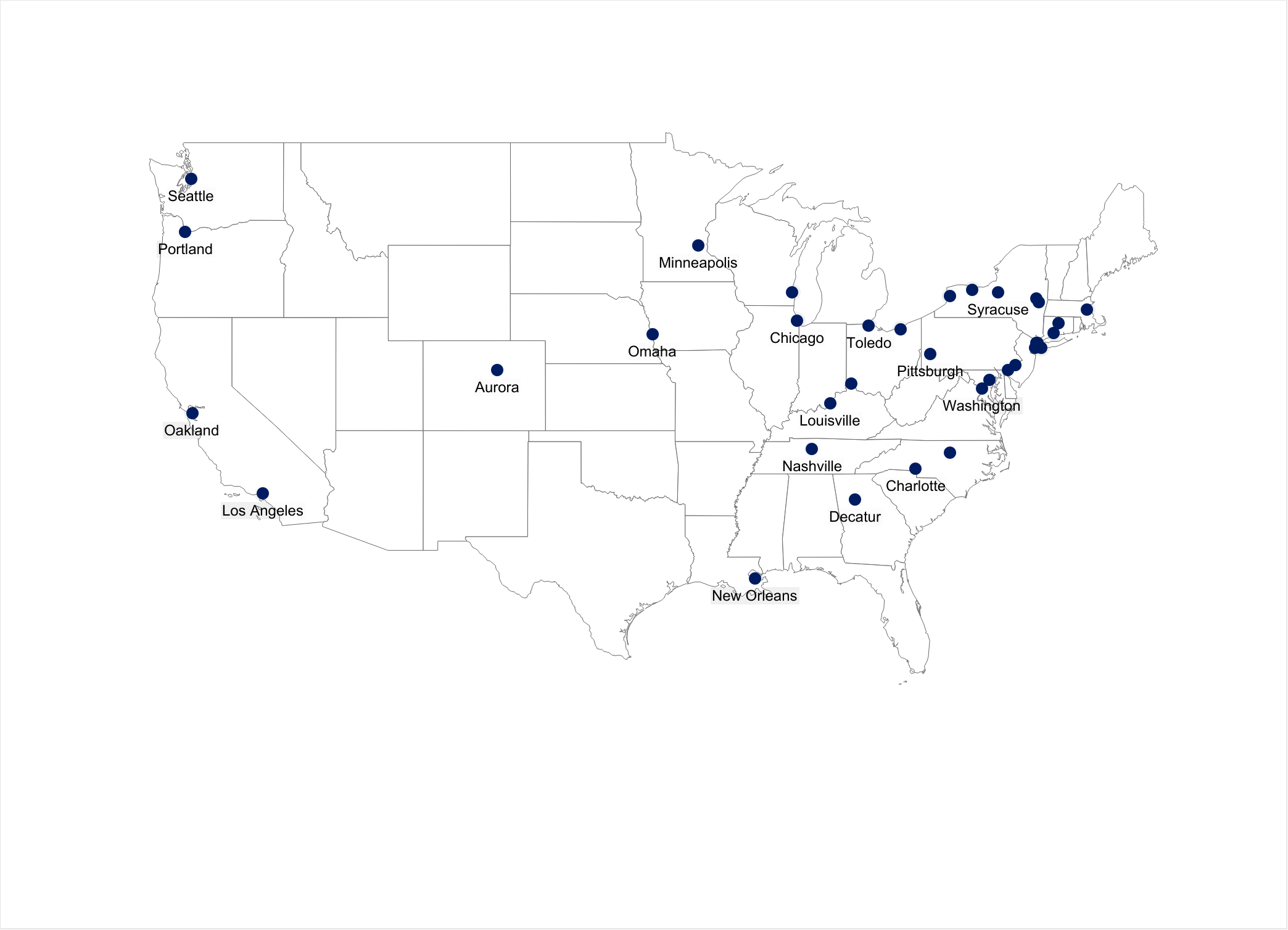 A screencapture of a line outline of the United States. Navy blue dots label which cities have gun violence data dashboards. These are:
Seattle, WA; Portland, OR; Oakland, CA; Los Angeles, CA; Aurora, CO; Omaha, NE; Minneapolis, MN; Chicago, IL; Toledo, OH; Louisville, KY; Nashville, TN; Decatur, GA; Charlotte, NC; New Orleans, LA; Washington, D.C.; Pittsburgh, PA; and Syracuse, NY.