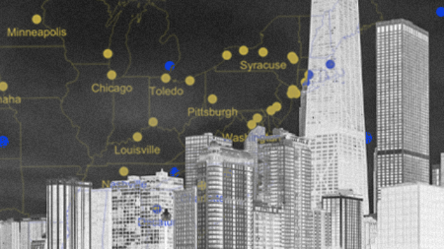 A black-and-white city skyline overlaid on top of a black map of the U.S. with state outlines and capitals in yellow.