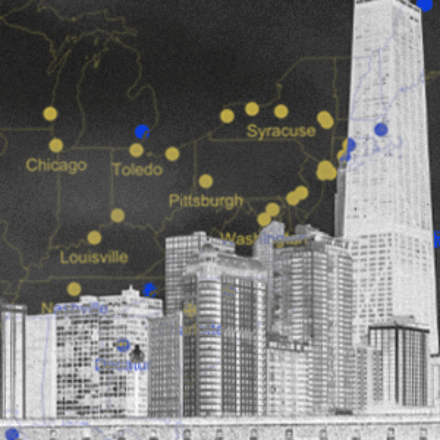 A black-and-white city skyline overlaid on top of a black map of the U.S. with state outlines and capitals in yellow.