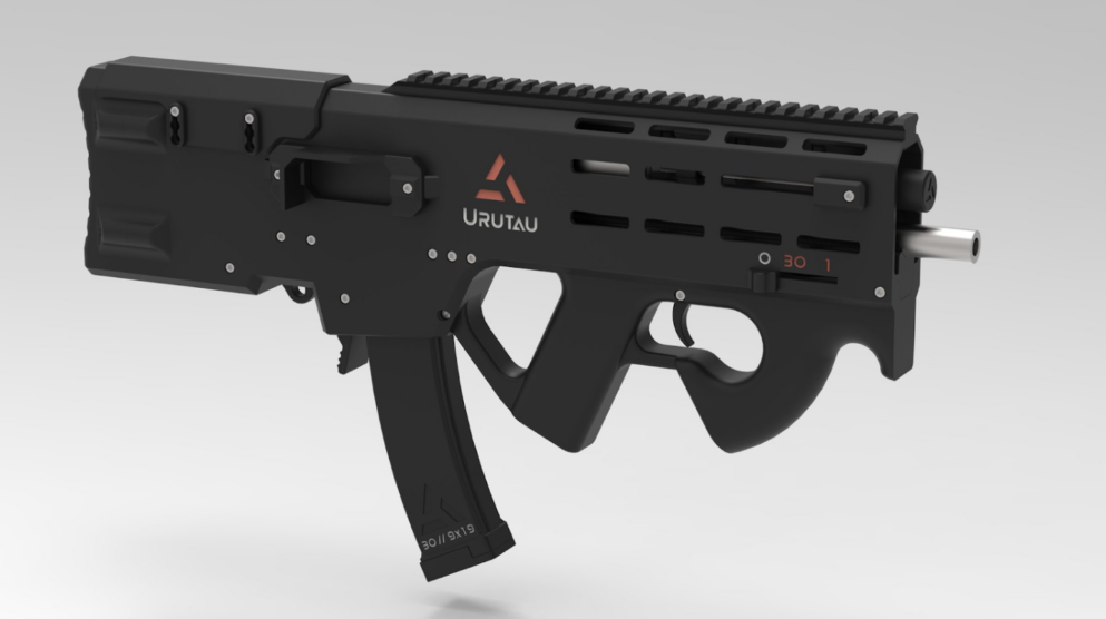 An Urutau, a black 3D-printed firearm that is completed with parts not specifically designed for firearms, such as metal tubes readily available at hardware stores.
