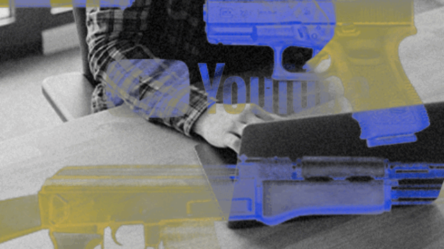 A person in a black-and-white plaid shirt sits at a desk typing on a computer. The photo is overlaid with graphic-style blue-and-yellow firearms and the YouTube logo.