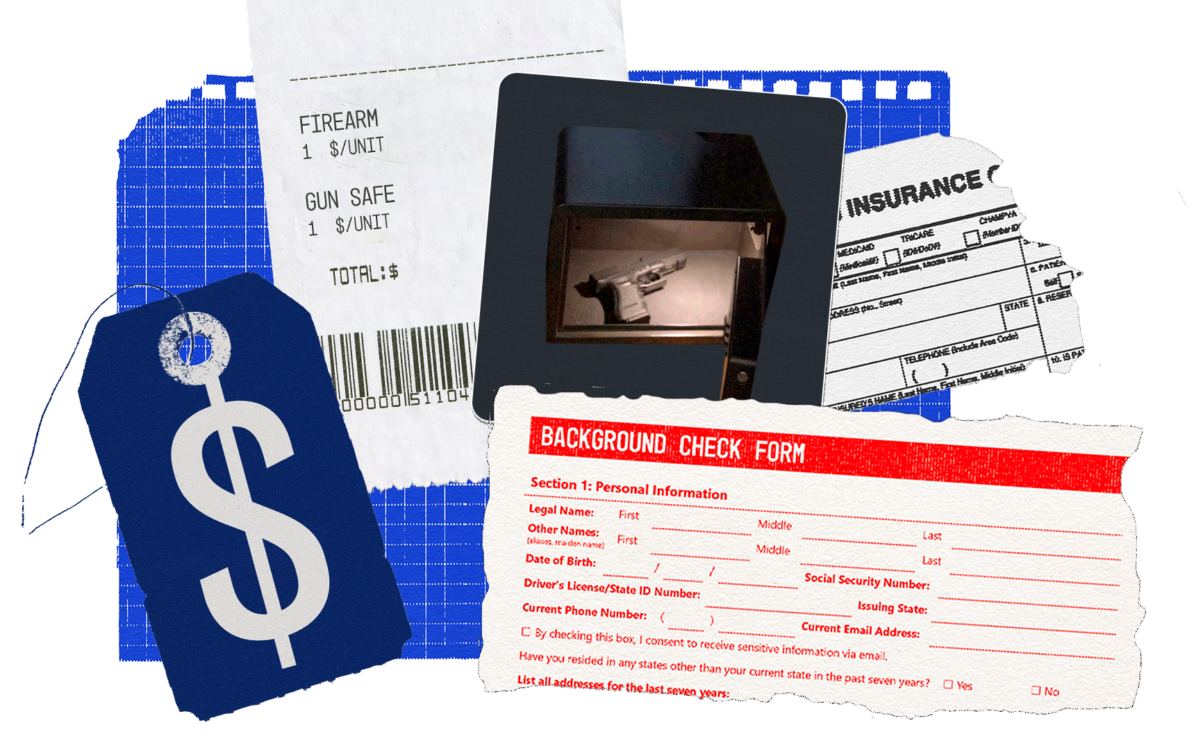 A collage representing the cost of arming teachers. It is showing a receipt for purchase of a firearm and gun safe, the top portion of a background check form, a portion of an insurance card, a dollar sign, and a piece of grid notebook paper.