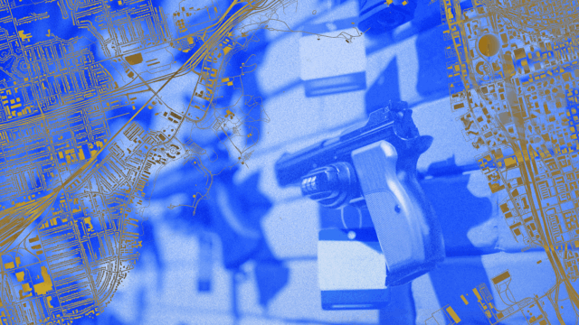 A blue-tinged image of a wall of handguns on display in what appears to be a shop, overlaid by a gold-hued aerial view of a city blueprint, representing gun trafficking in the US.