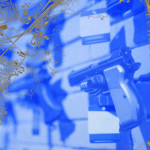 A blue-tinged image of a wall of handguns on display in what appears to be a shop, overlaid by a gold-hued aerial view of a city blueprint, representing gun trafficking in the US.