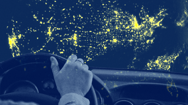 A close-up image of a person's hand on the steering wheel of a car is overlaid by a yellow heat map of the United States symbolizing source cities of crime guns.
