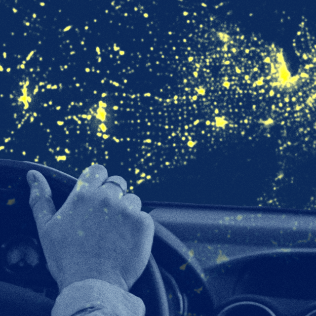 A close-up image of a person's hand on the steering wheel of a car is overlaid by a yellow heat map of the United States symbolizing source cities of crime guns.