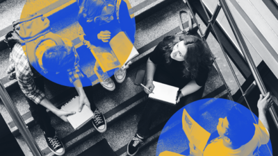 A featured image for a report about gun violence on college and university campuses is a black-and-white photo of an overhead view of 3 students sitting on a staircase. The image is overlaid with two yellow-and-blue semi-circles.