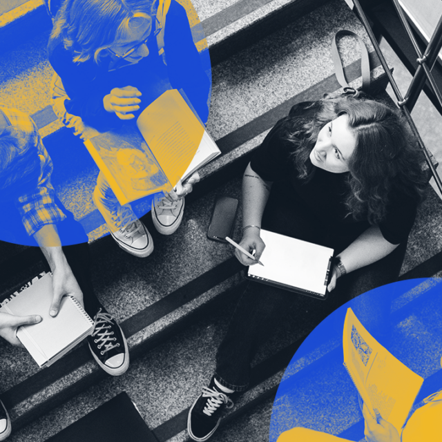 A featured image for a report about gun violence on college and university campuses is a black-and-white photo of an overhead view of 3 students sitting on a staircase. The image is overlaid with two yellow-and-blue semi-circles.